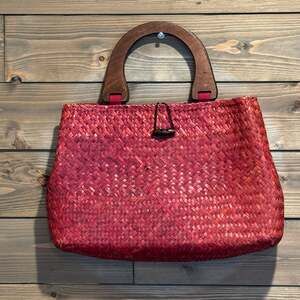Vintage St. John's Bay Red Woven Straw Handbag with Bamboo Handles